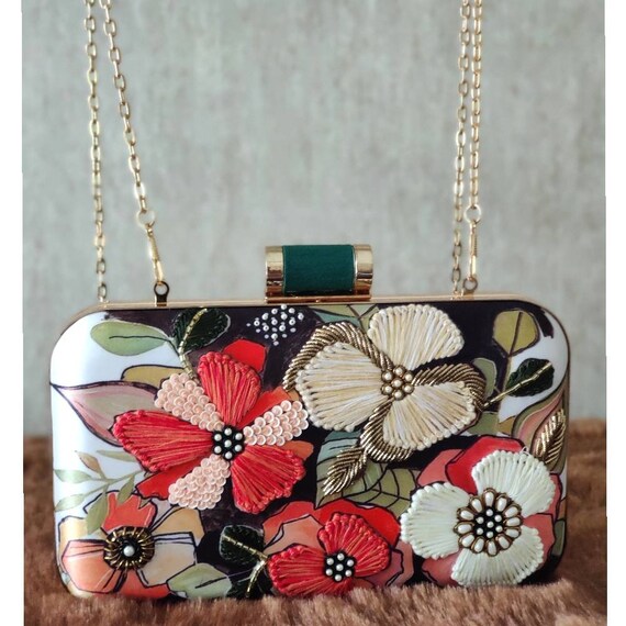 White Floral Printed Embroidered Embellished Evening Clutch - Etsy