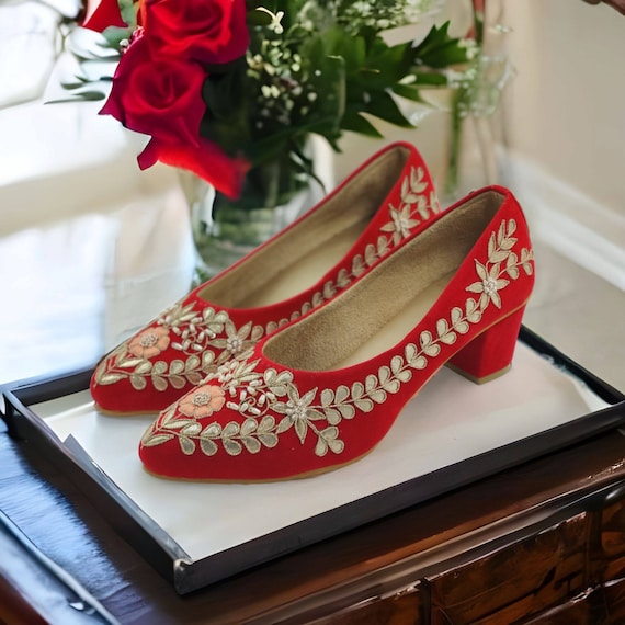 Red Suede Women Pumps Hand Embroidered Women Wedding Heel Indian