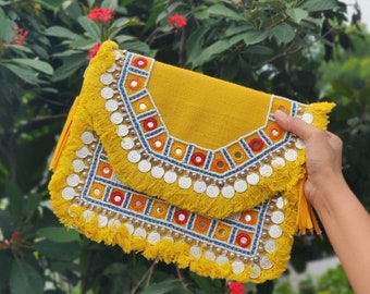 Yellow Banjara Bag, Boho Clutch, Beaded Bohemian Purse, Fashion Sling Bag, Embroidered Bag, Crossbody Bag, Jute Burlap Bag, Tassel Bag