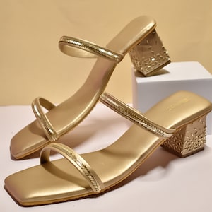 Gold vegan leather Embroidered Customised Women Block Heel | Women sandals | Indian Ethnic Footwear | Wedding Shoes | Indian wedding heels|