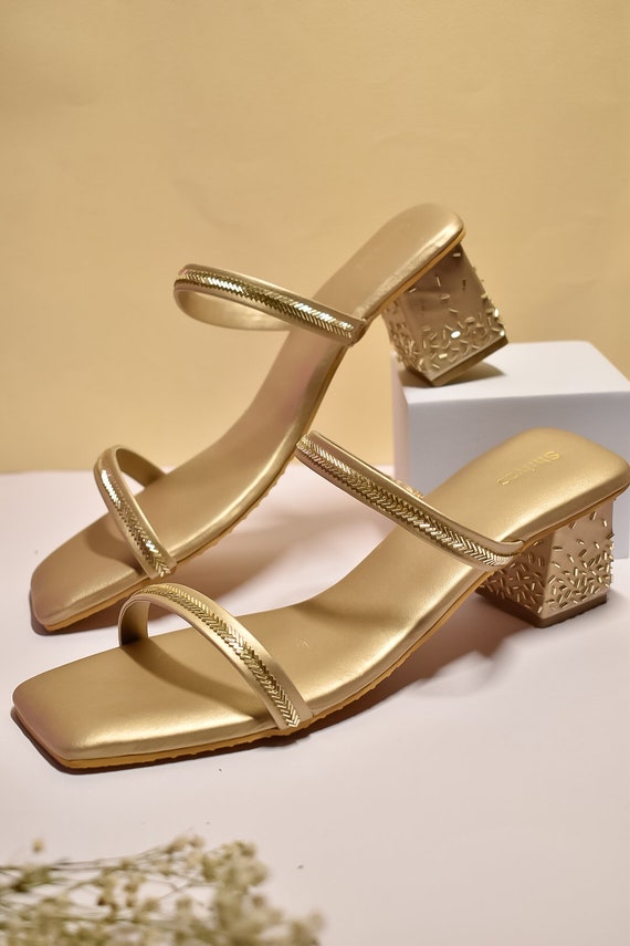 Buy online Gold Back Block Heel Strap Sandal from heels for Women by Meshva  for ₹699 at 30% off | 2024 Limeroad.com