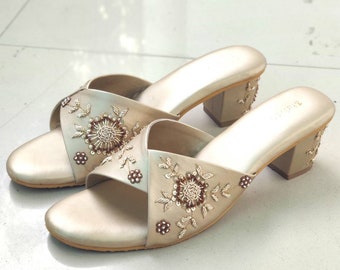 Golden  Women Hand Embroidery Designer Heels Indian Handmade Footwear Wedding Heels Ethnic Indian Footwear Block Heels Pearl Bridal Heel