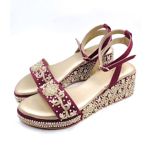 Maroon velvet women hand embroidered wedges Indian Ethnic Wedges Footwear Platform wedges Bridal Wedges Wedding Wedges Heel Wedges