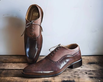 Men brown vegan leather brogues oxfords | Men formal shoes | Men wedding shoes | Men brown leather shoes | Shiny brown tux shoes