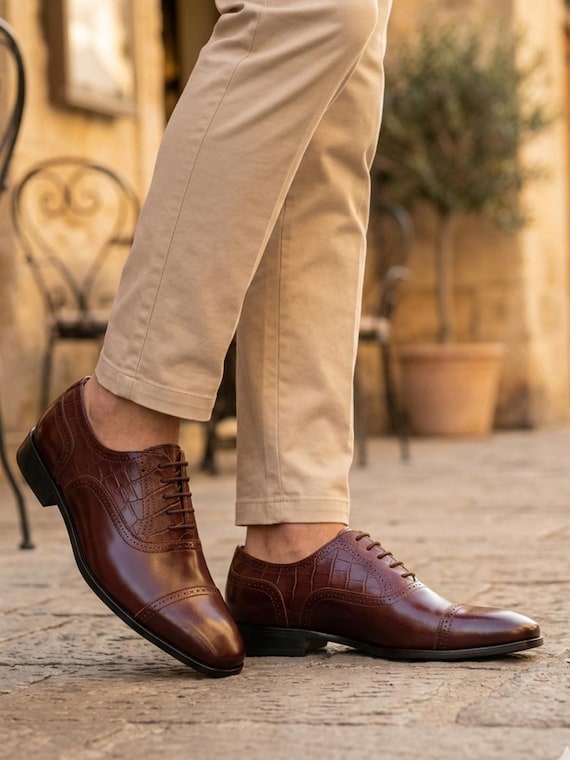 Burgundy Leather Oxford Shoes | Croc Texture Brogue Cap-toe Dress Shoes