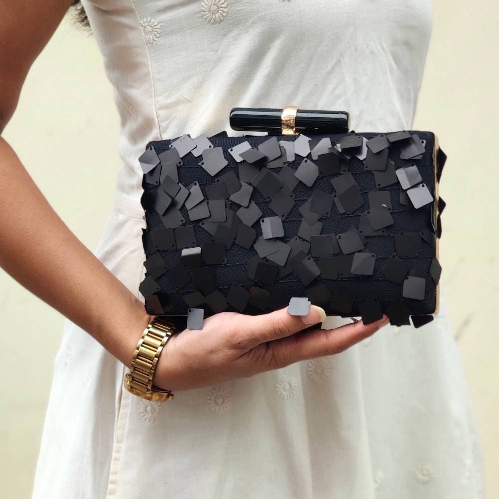 Black Evening Clutch Handbag , Party Purse Indian Zardozi Clutch Sling, Wedding Bridal Bag