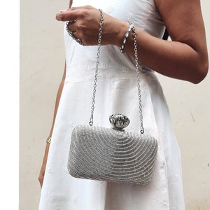 Silver Evening Clutch Handbag , Party Purse Indian Zardozi Clutch Sling, Wedding Bridal Bag, Embellished  Evening Clutch, Gift