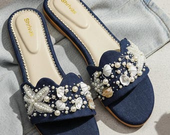Navy Blue Denim Pearl & Seashell Embellished Flat Slides for Women | Handmade Beach Sandals | Comfortable Slip On Flats | Resort Wear