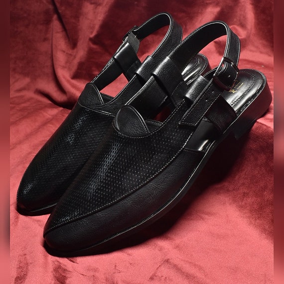 Men's Black Vegan Leather Peshawari Sandals, Indian Groom Shoes