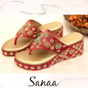 Ethnic Indian Women pink Velvet / Synthetic Leather Shoe with Embroidery Wedding wedges Bridal Wedges Heels Gift for her Zardozi Embroidery