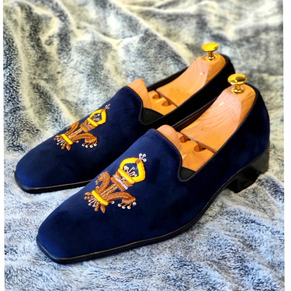 Men Navy Blue Velvet Hand Embroidered Loafers Slip ons Shoes Groom heel loafers