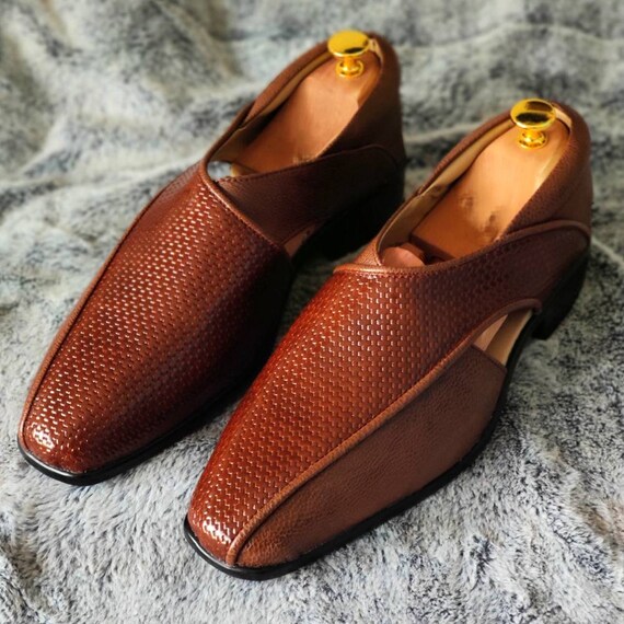 Men Brown Vegan Leather Slip Ons Sandal Loafer Shoes Shoes Under Indian Wear Indian Groom Shoes Peshawari Sandal Shoes