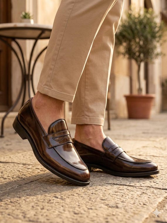 Men's Dark Brown Leather Penny Loafers | Handmade Glossy Formal Slip-On Shoes