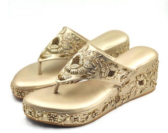 Gold Vegan/synthetic Leather Women Wedges Bridal Wedges Bridal