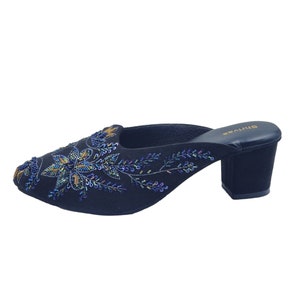 Navy Suede Mules, Hand Embroidered Pointed Toe Heel, Indian Wedding Shoes image 4