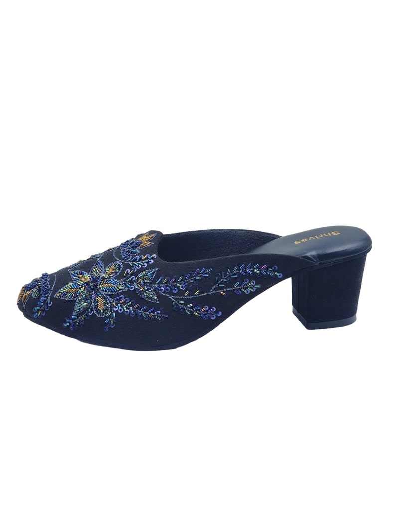 Navy Suede Mules, Hand Embroidered Pointed Toe Heel, Indian Wedding Shoes image 4
