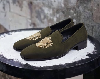 Men olive green Vegan suede shoes loafers Embroidered Loafers Groom shoes Men wedding shoes Indian ethnic shoes