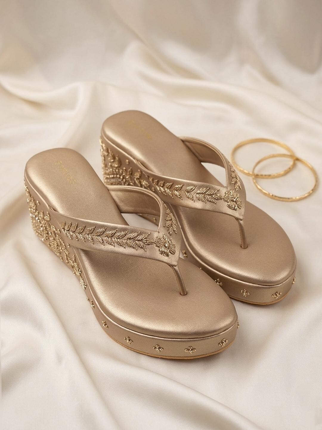 Gold Vegan Leather Wedges With Zardozi Embroidery  Bridal Footwear - Etsy