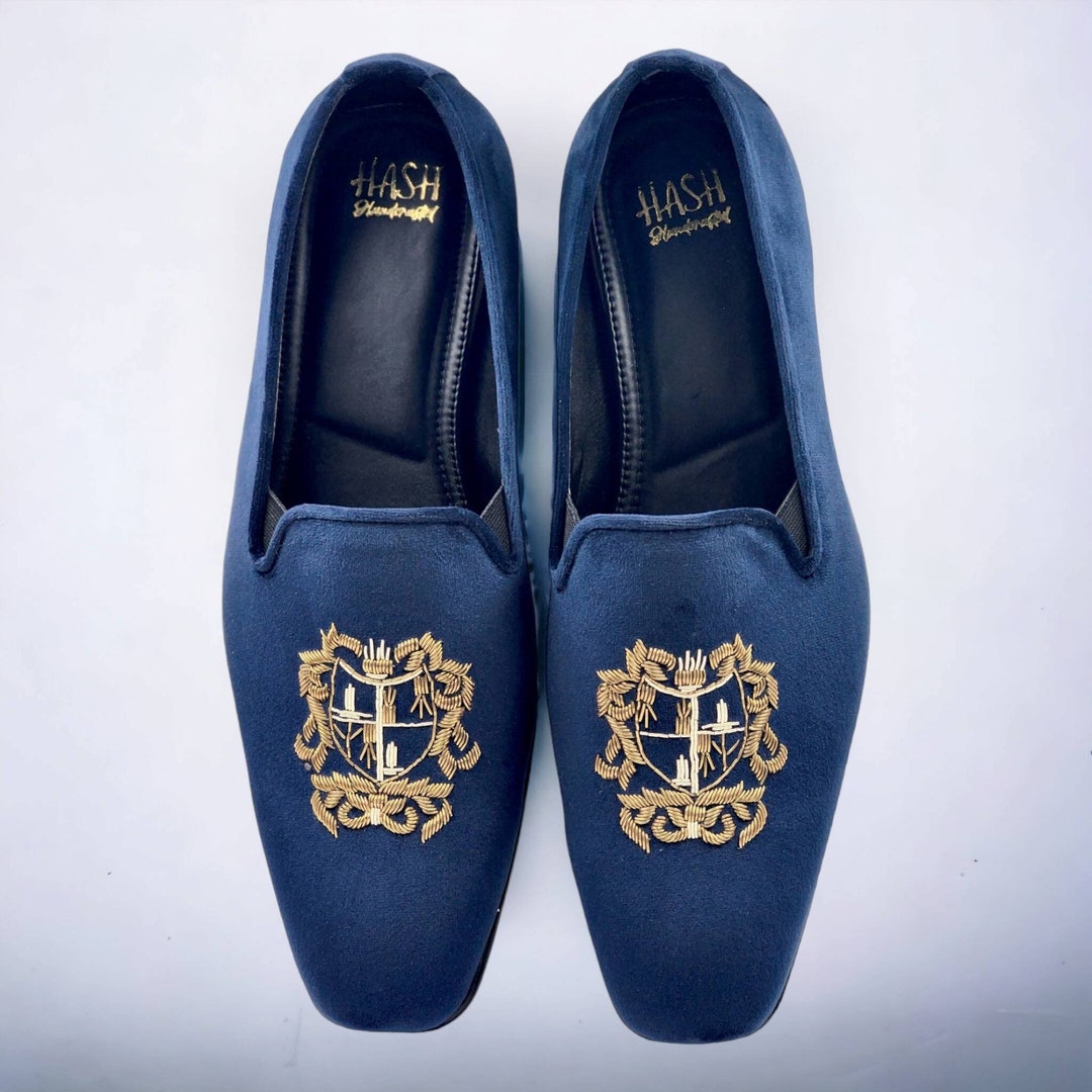 navy blue velvet loafers