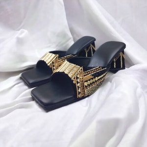 Women Black velvet block heels, embroidered block heels, Wedding heels ,Wedding sandals , Bridal heels, Indian ethnic heels