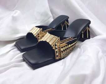 Black Velvet Block Heel Sandals, Embroidered Indian Wedding Shoes