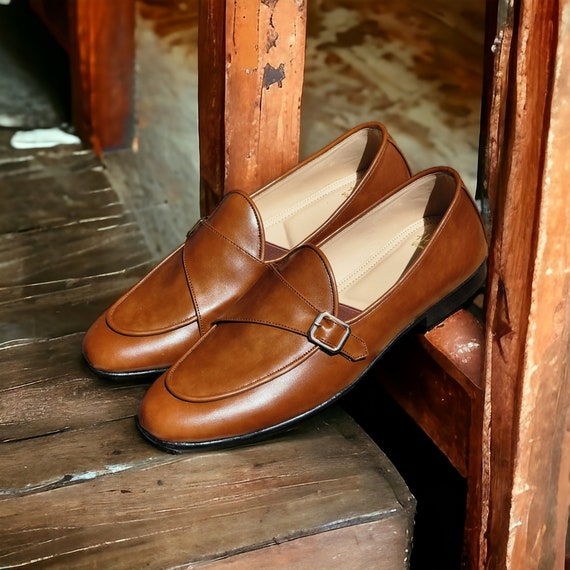 Tan Vegan Leather Handmade Monk Loafers | Men's Formal Shoes