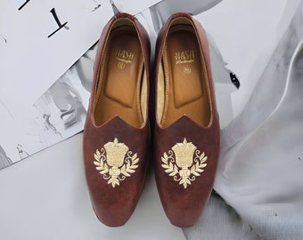 Men Brown Vegan Leather Mojdi Loafers Hand Embroidered Zardozi