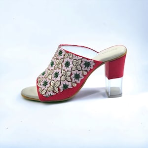 Ethnic Indian Women Red Clear Heel with Embroidery Wedding heels Bridal Heels Gift for her Zardozi Embroidery High Comfort heels Block heels