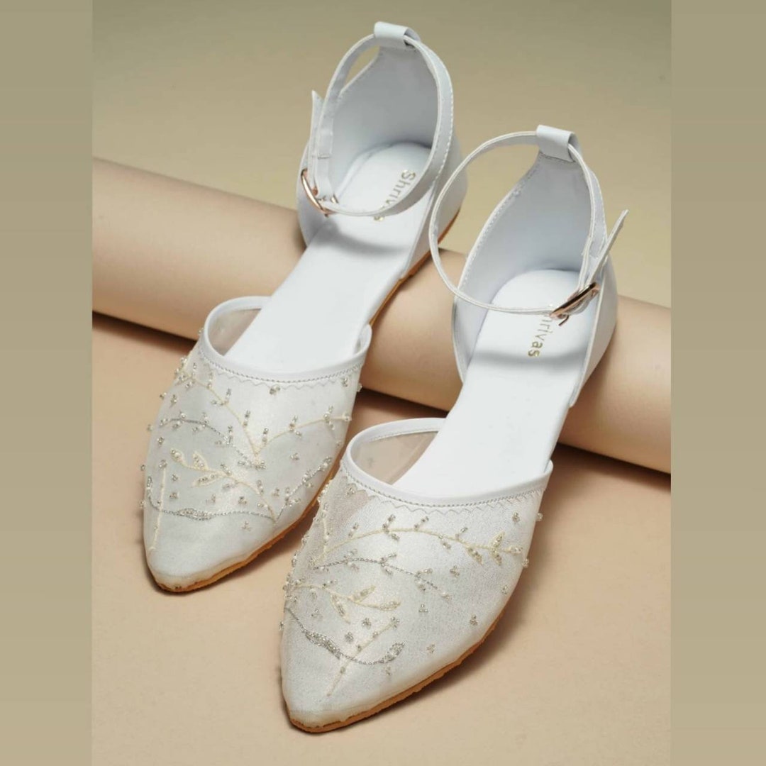 Blanco vegano cuero transparente transparente puntiagudo flats sandalias  mujer calzado blanco bordado sandalias nupciales blancas zapatos de novia 