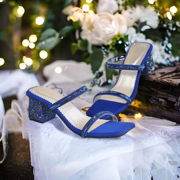 Royal Blue Wedding Strappy Heels Women Bridal block heels Women wedding shoes Royal blue sandals hand embroidered heels