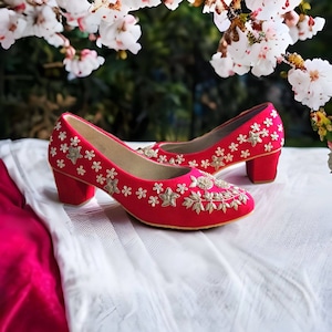 Red Velvet Chunky Heeled Round-Toe Women Pumps | Indian ethnic heels | Bridal pumps | Indian wedding footwear | Embroidered heels