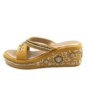 Ethnic Indian Women Mustard Suede Vegan Leather Shoe with Embroidery Wedding wedges Bridal Wedges Heels Gift for her Zardozi Embroidery