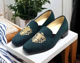 Men Emrald Green / Olive green Suede / Velvet Loafers Slipon shoes with Hand embroidery | Groom shoes