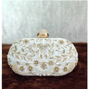 White Evening Clutch Handbag , Party Purse Indian Zardozi Clutch Sling, Wedding Bridal Bag, Embellished Embroidered Evening Clutch, Gift