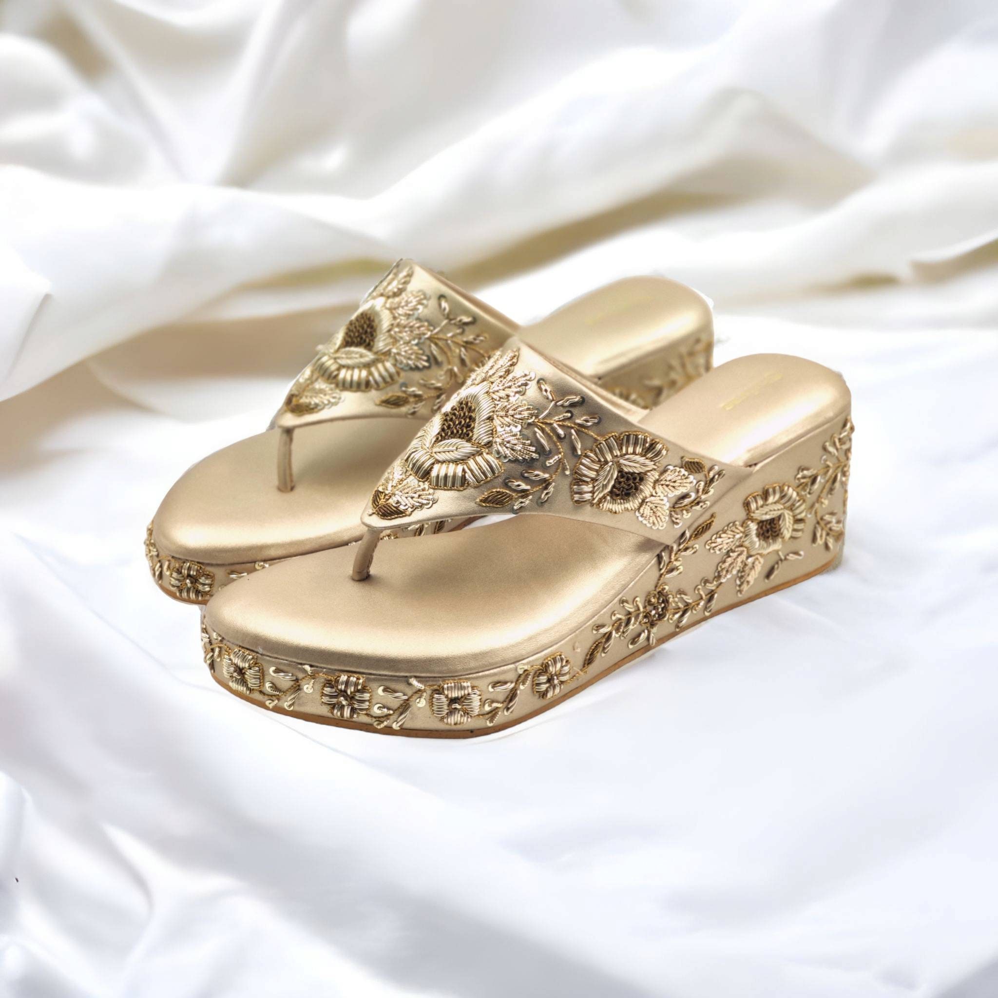 Gold Bridal Wedges: Vegan Leather, Zardozi Hand Embroidery Gold Bridal Wedges: Vegan Leather, Zardozi Hand Embroidery