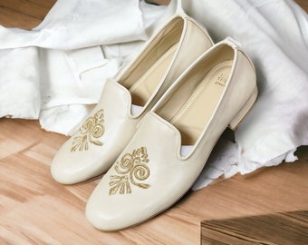 Men cream/off white/ ivory embroidery leatherette men loafers mojdi slip  ons Groom shoes Indian Groom shoes Shoes under sherwani Indian wear