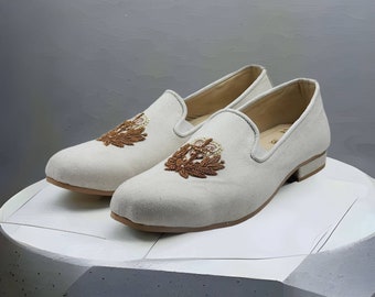 Men cream/off white/ ivory embroidery suede men loafers mojdi slip ons Groom shoes Indian Groom shoes Shoes under sherwani Indian wear