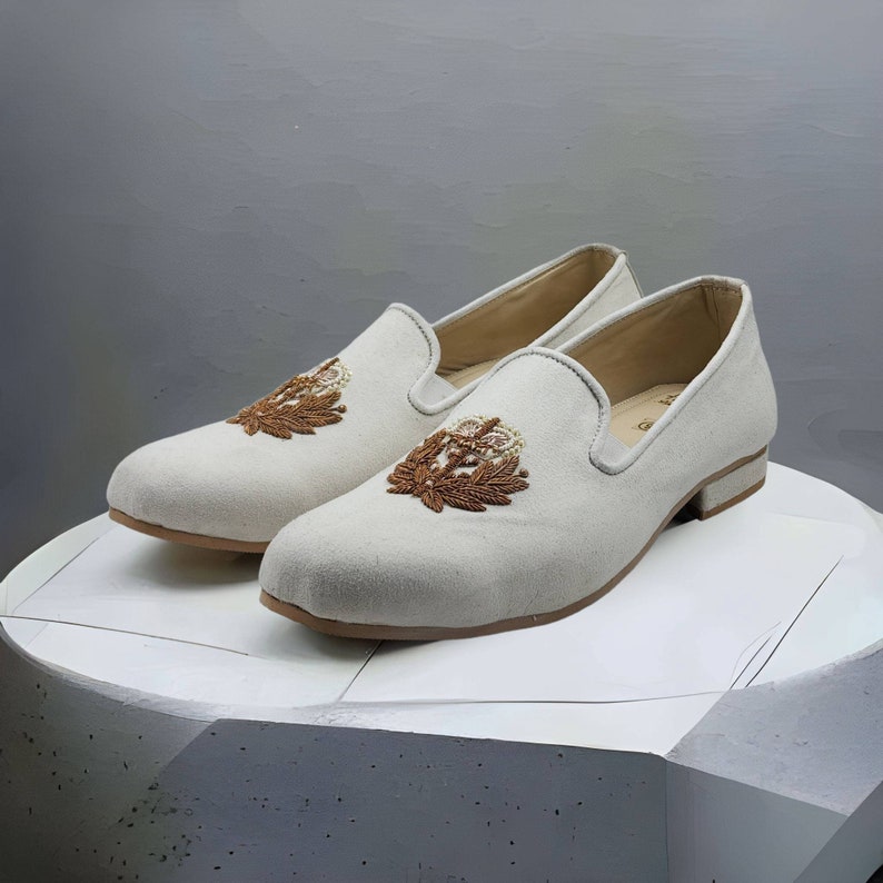 Men's Handmade Cream Embroidered Loafers, Indian Groom Shoes image 1