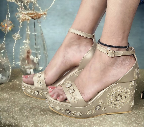 Buy Sehar Gold Wedges Heels by Designer HOUSE OF VIAN Online at Ogaan.com