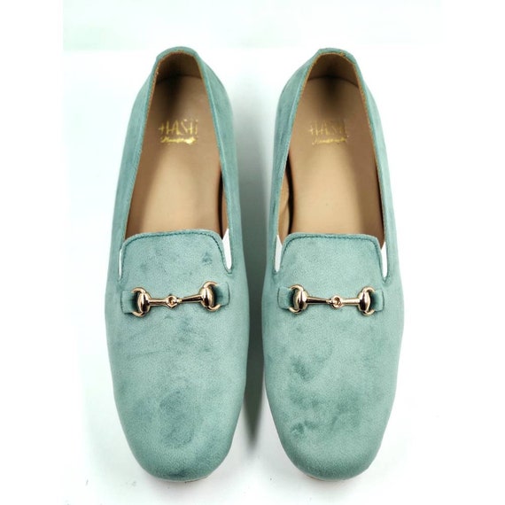Men Mint Green Velvet Loafers Slips on Shoes Mocassins Round -