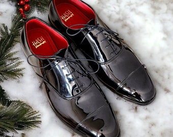 Black patent men vegan leather oxfords | Men formal shoes | Men wedding shoes | Men black shoes | Shiny black tux shoes | Groom shoes