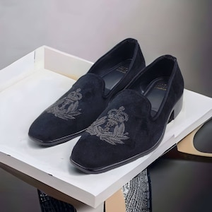 Men black velvet embroidered loafers slipons shoes | Groom shoes