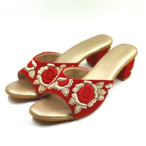 Red Suede Embroidered Women Block Heels | Red wedding heel | Red women footwear| Indian wedding heels