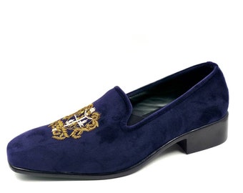 Mocassini in velluto viola da uomo Scarpe slipon con ricami a mano
