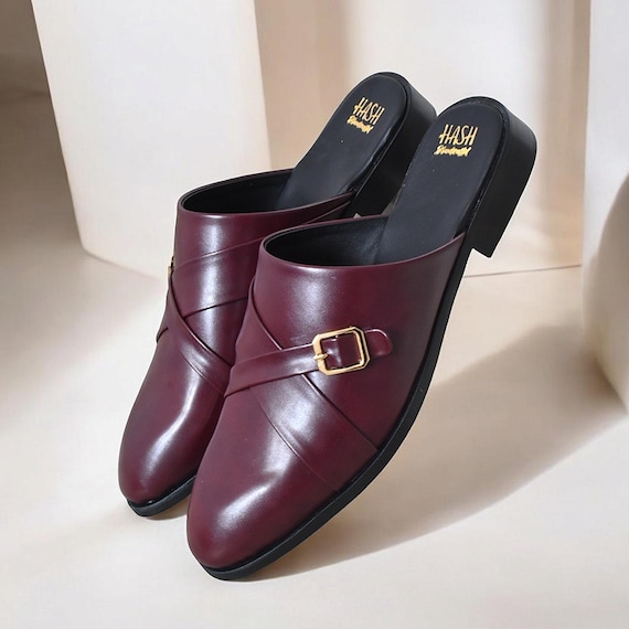 Handmade Vegan Leather Burgundy Mules, Men's Formal Loafers