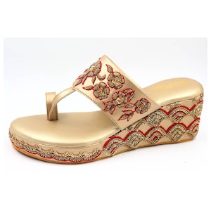 Ethnic Indian Bridal Women  Synthetic Leather Gold Wedges with Embroidery Wedding wedges Bridal Wedges Heels Gift for her Zardozi Embroidery