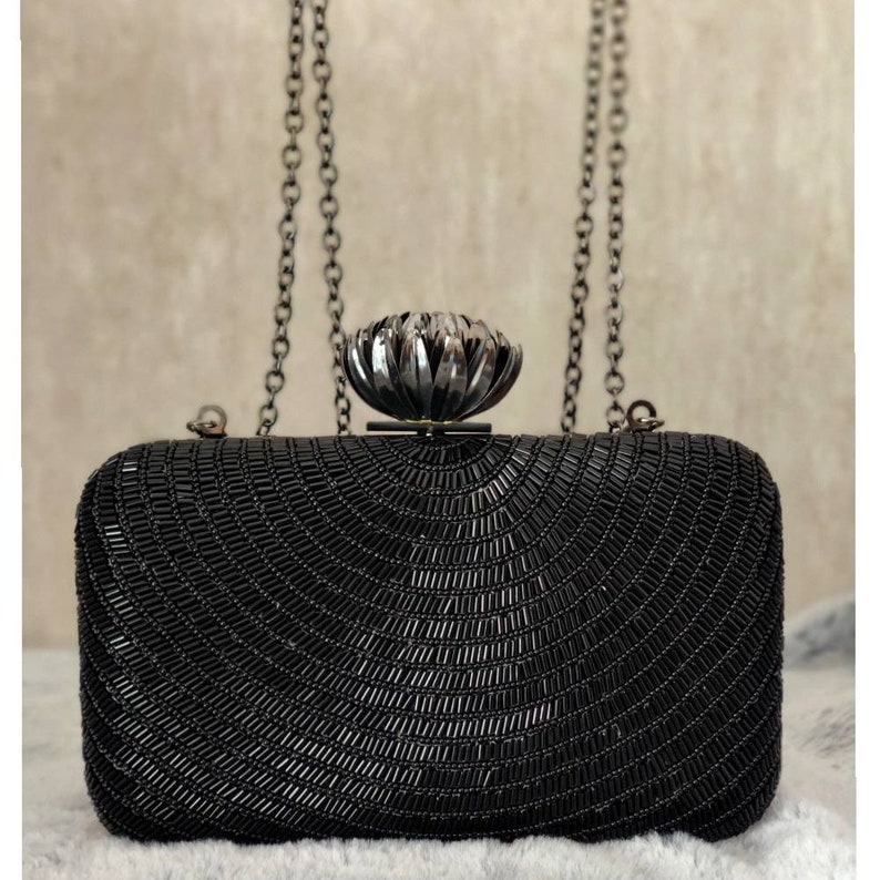 Black Evening Clutch Handbag , Party Purse Indian Zardozi Clutch Sling, Wedding Bridal Bag, Embellished Evening Clutch, Gift imagem 3