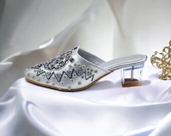Silver Vegan Leather Rhinestone Bridal Pumps Heels CINDRELLA