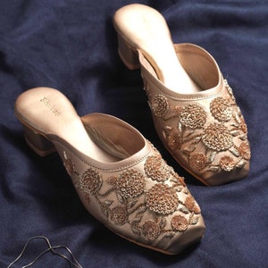 Women Gold Leather Mules Heels Shoes Jutti shape women footwear Indian embroidered mule zardozi embroidery bridal mules footwear block heel