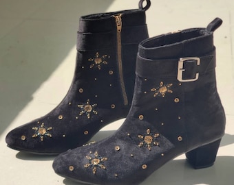 Hand Embroidered Black Velvet Ankle Boots | Women's Block Heel